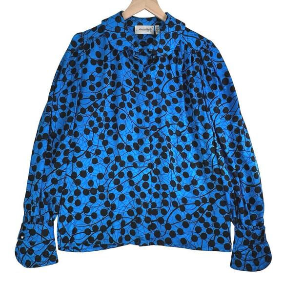 Adrianna Papell Vintage 100% Silk Blue Black Polka Dot Long Sleeve Blouse Size 8 - Picture 5 of 16